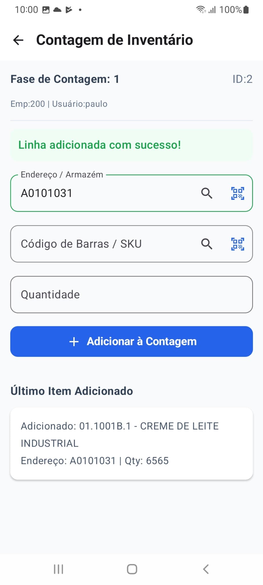 Tela de contagem com endereço, SKU, quantidade e confirmação do lançamento