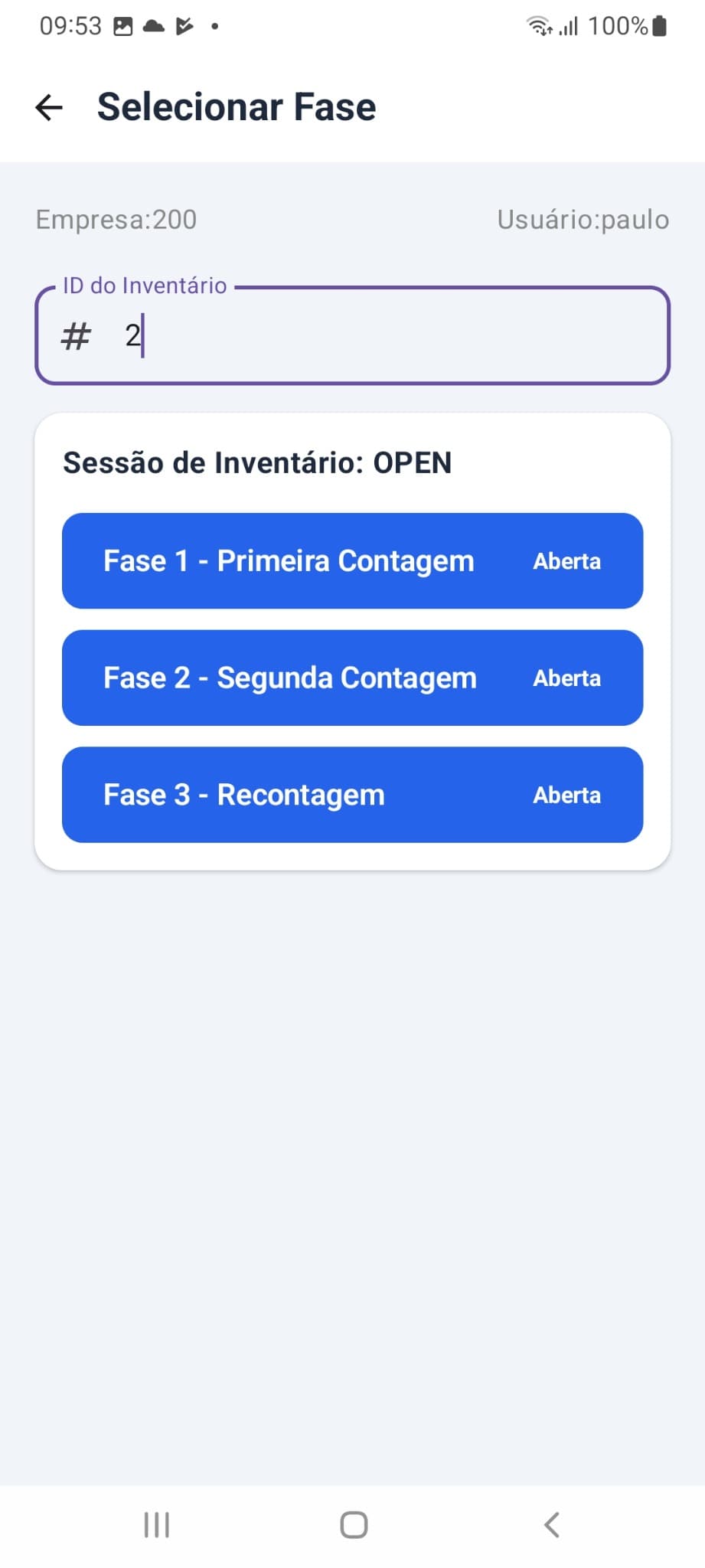 Tela de seleção das fases de primeira contagem, segunda contagem e recontagem